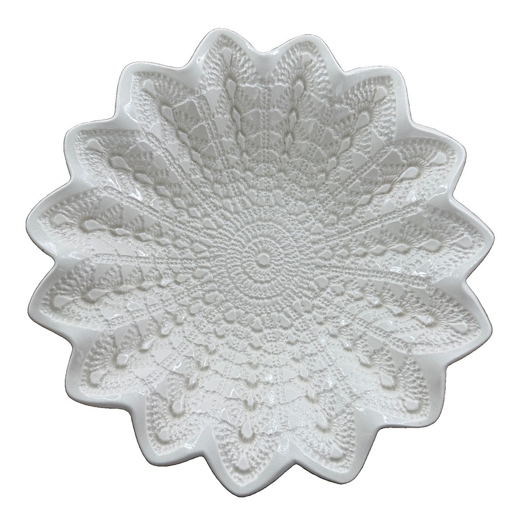 Signed Studio Pottery Bowl Ceramic Lace Doily Rippled Edge White 9x1.5